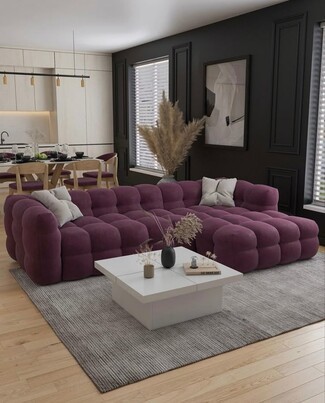 Modular Sofa Purple Tufted Design with Dark Paneled Walls