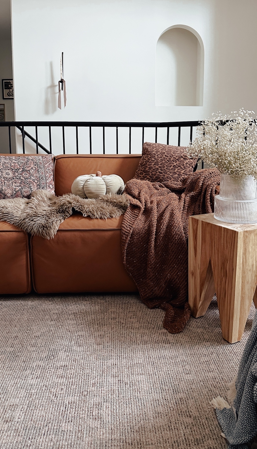 Modular Sofa with Faceted Wood Pedestal and Ribbed Glass