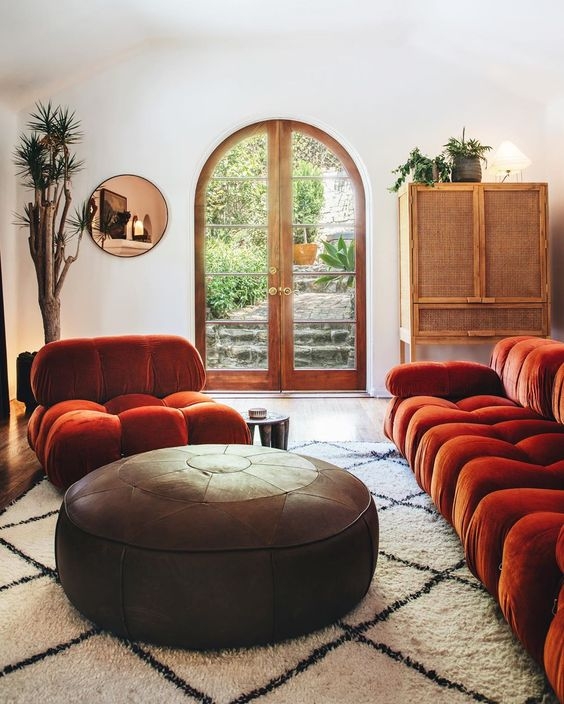 Modular Sofa with Tufted Cushions and Rattan Sideboard