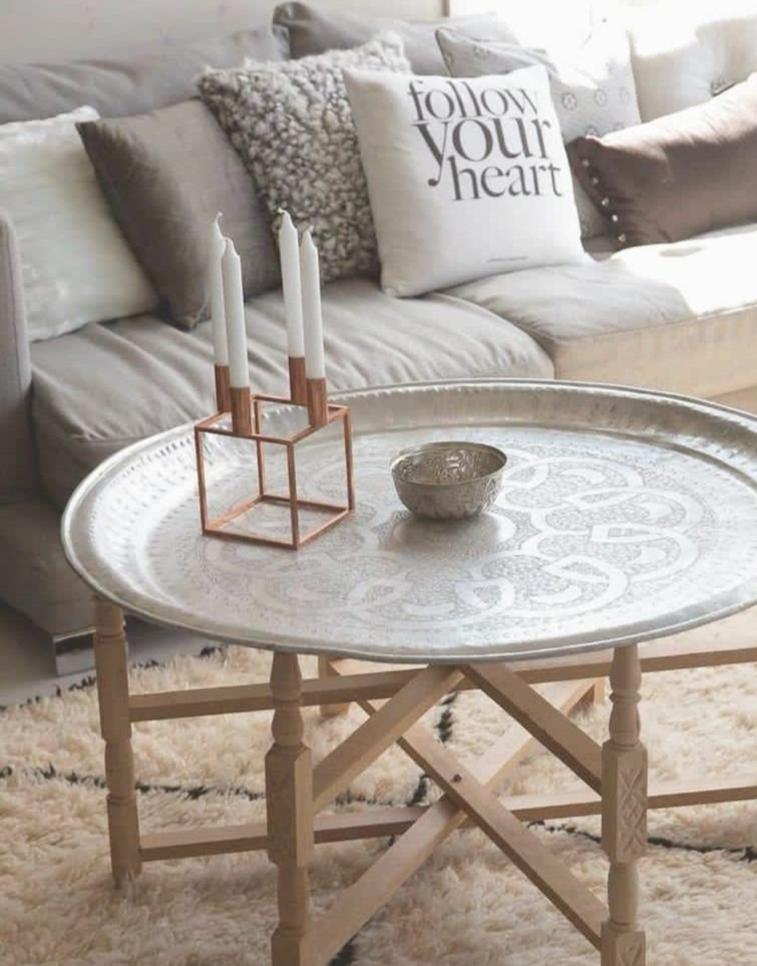 Moroccan Tea Table Hammered Silver Tray Folding Wood Base