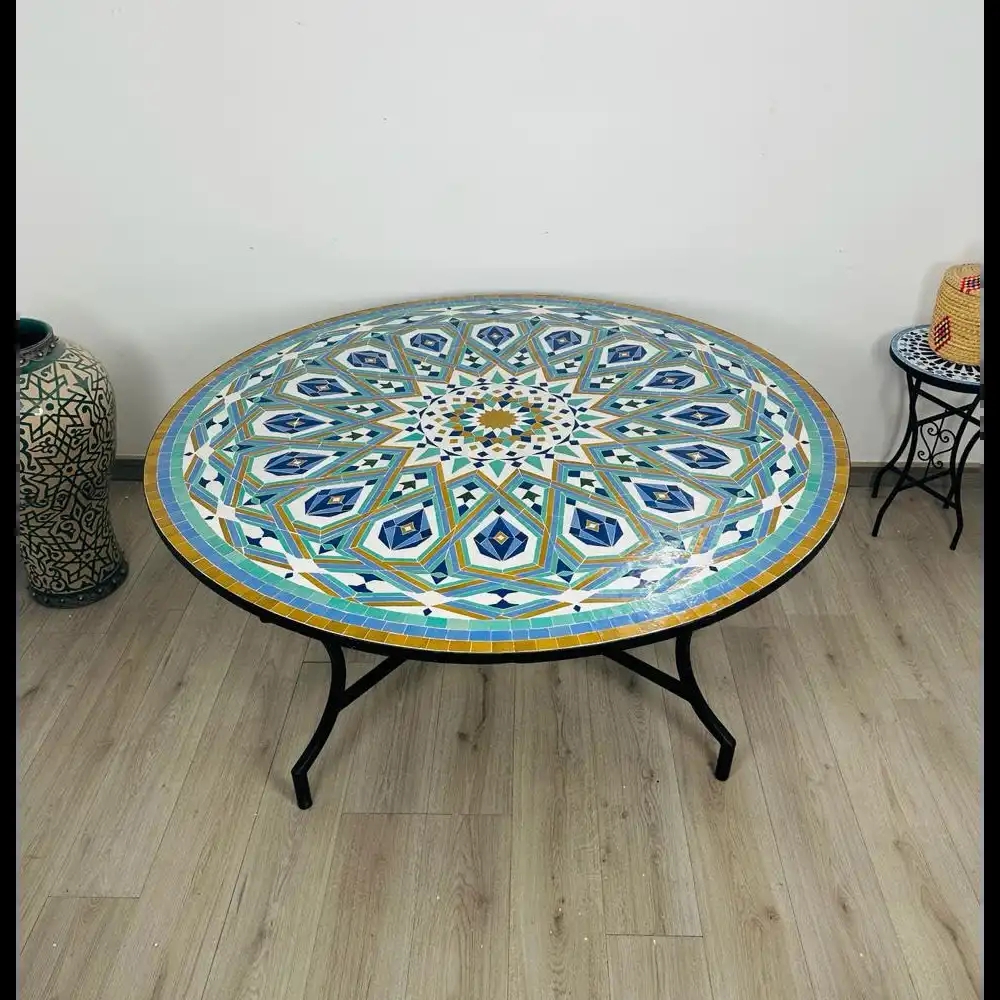 Mosaic Coffee Table Geometric Star Motif Blue Tile Work