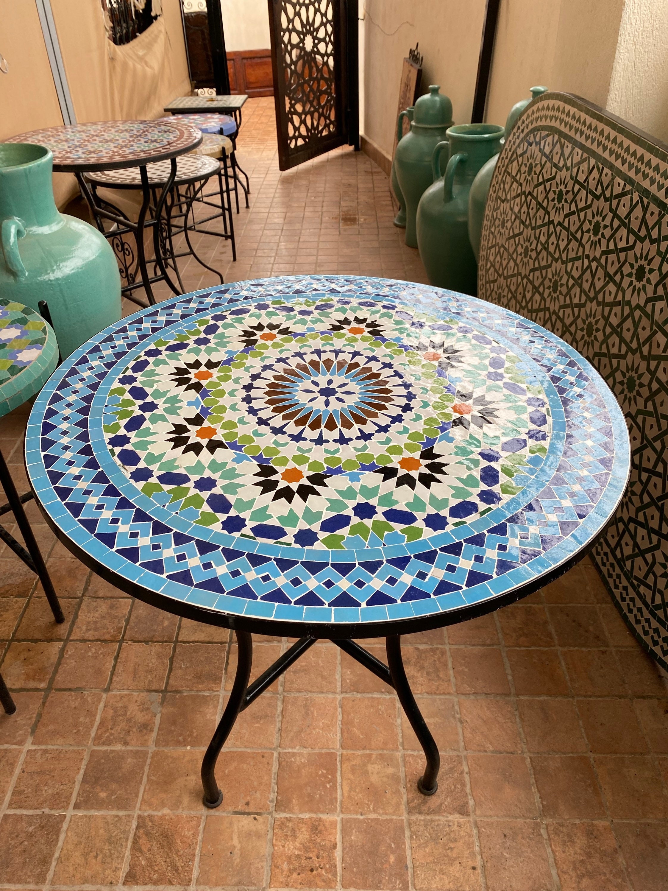 Mosaic Dining Table Round Zellige Geometric Star Pattern