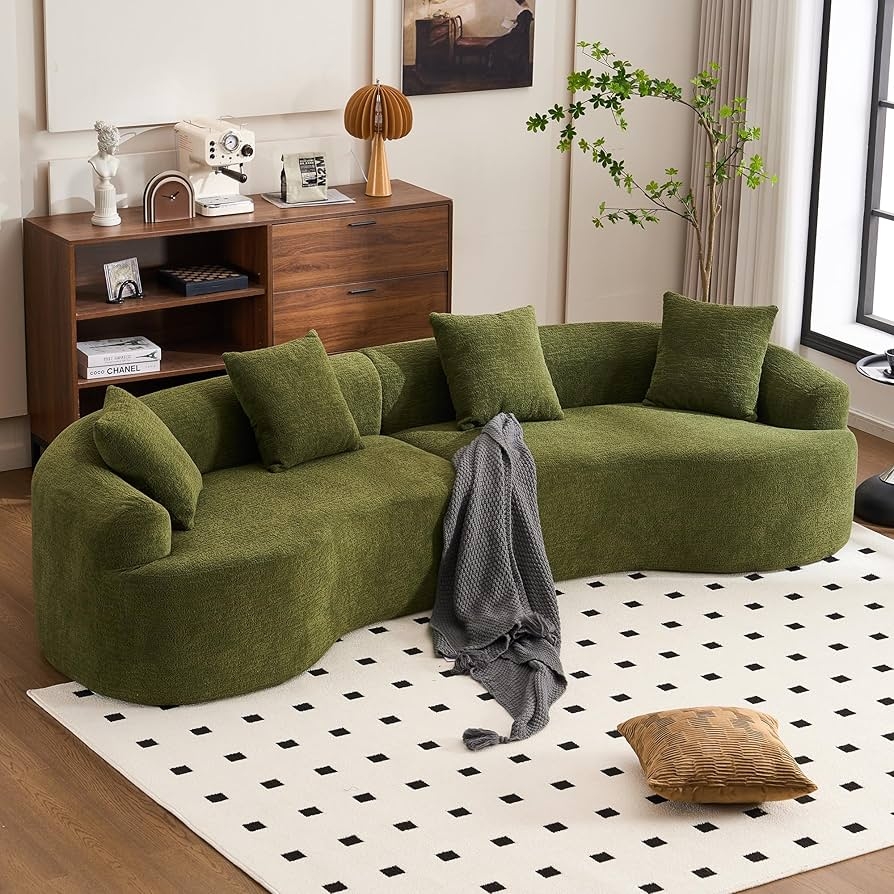 Moss Green Curved Sofa with Textured Chenille Fabric