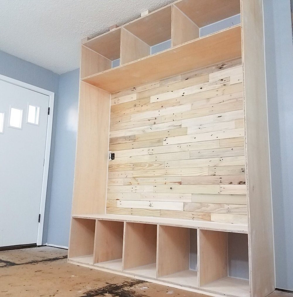 Mudroom Bench: Unfinished Wood Mudroom Unit with Plywood Cubbies