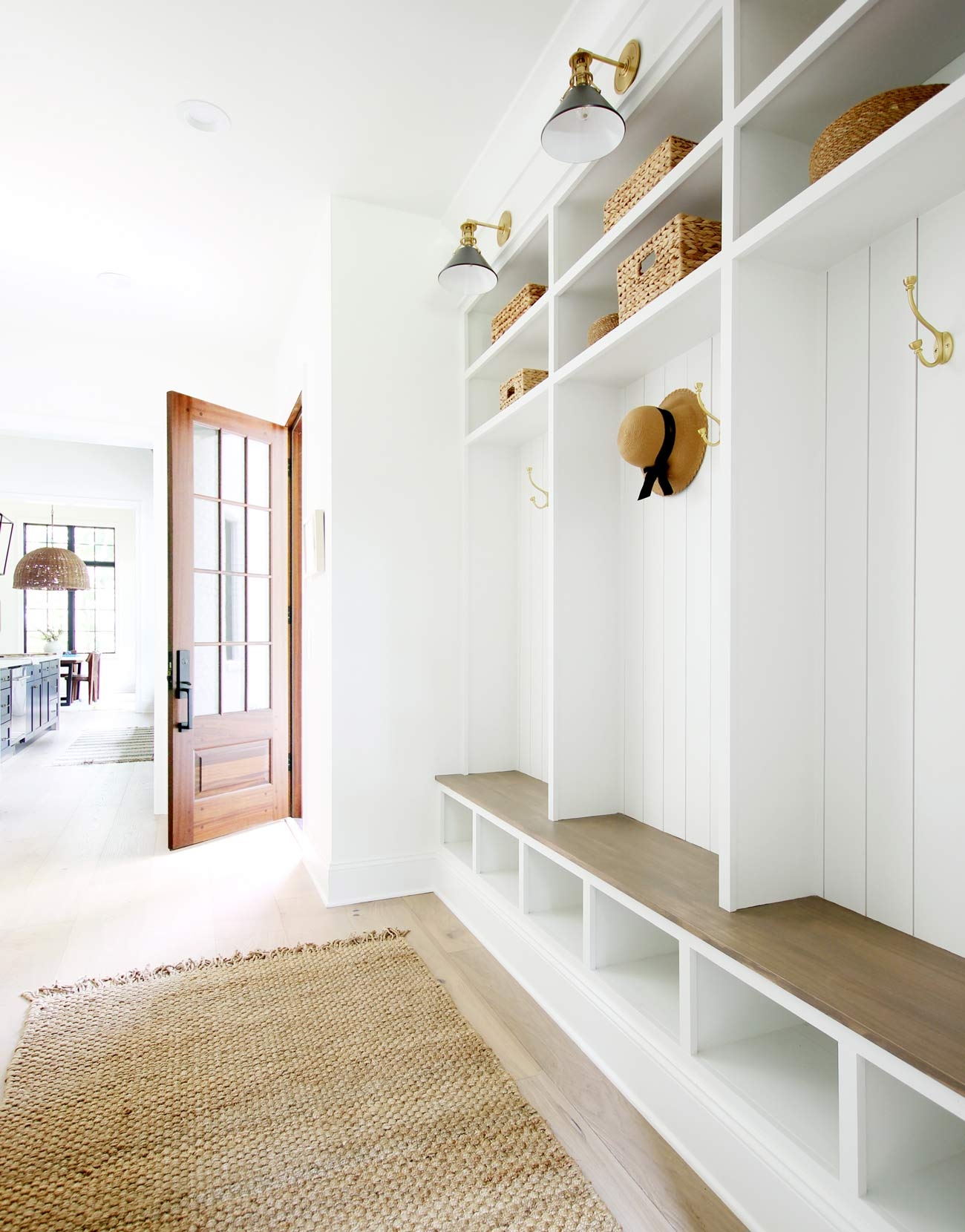 Mudroom Bench: Vertical Paneling, Gooseneck Lighting Entryway