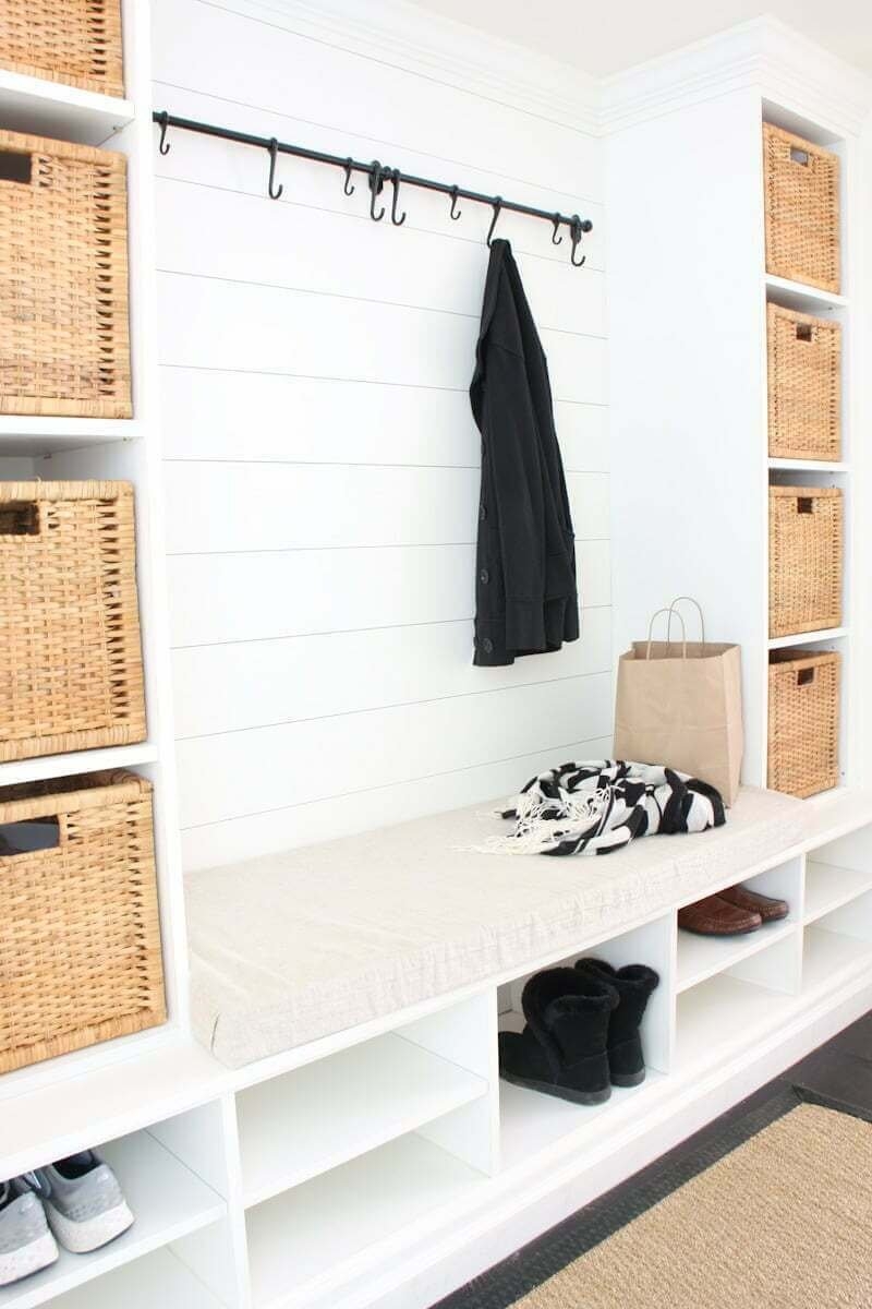 Mudroom Built In: Entryway Shoe Cubbies with Vertical Shiplap