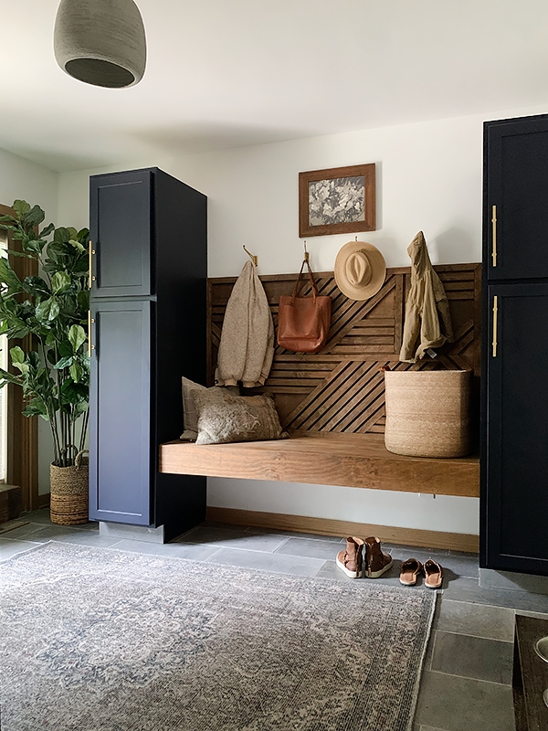 Mudroom Built In: Navy Cabinetry, Geometric Wood Slat Wall