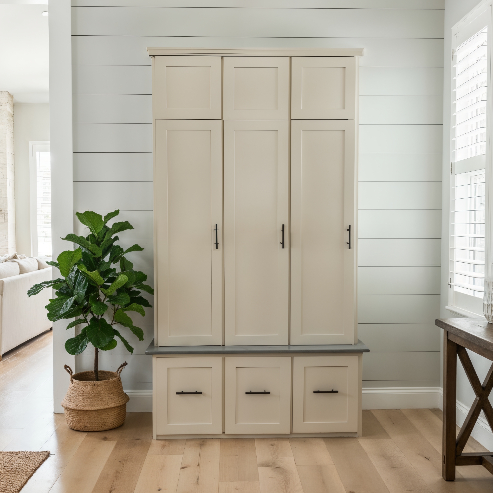 Mudroom Cabinet with Triple Locker Design and Gray Bench