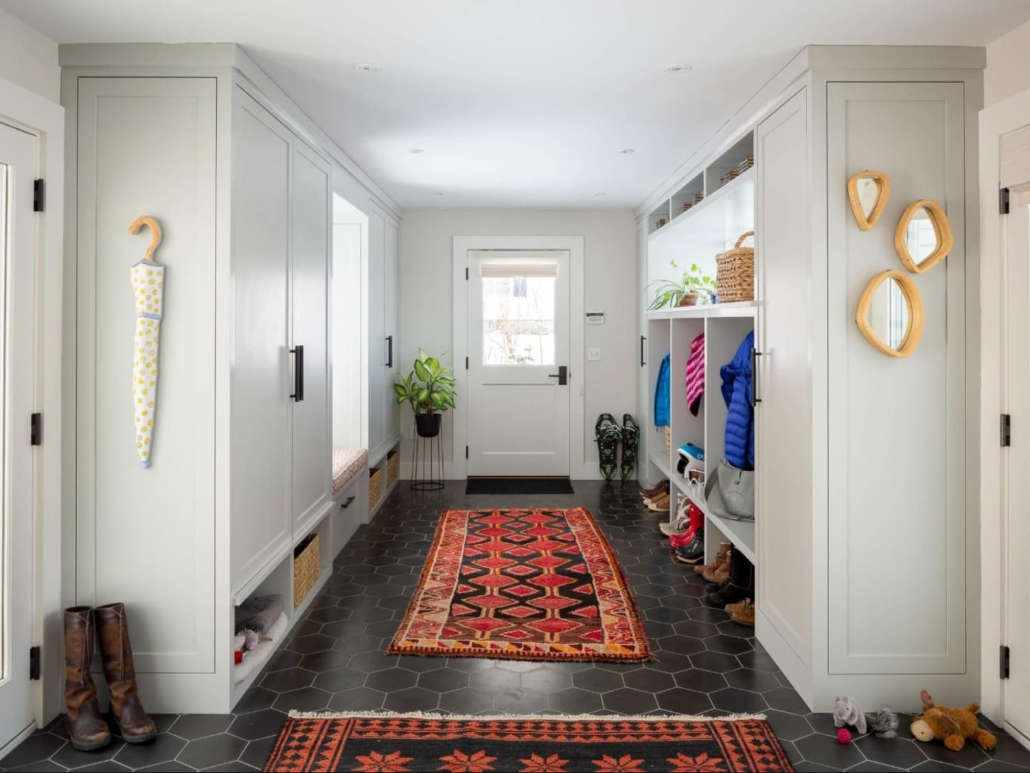 Mudroom Cabinetry: Hexagonal Tile Flooring, Kilim Rug Runner