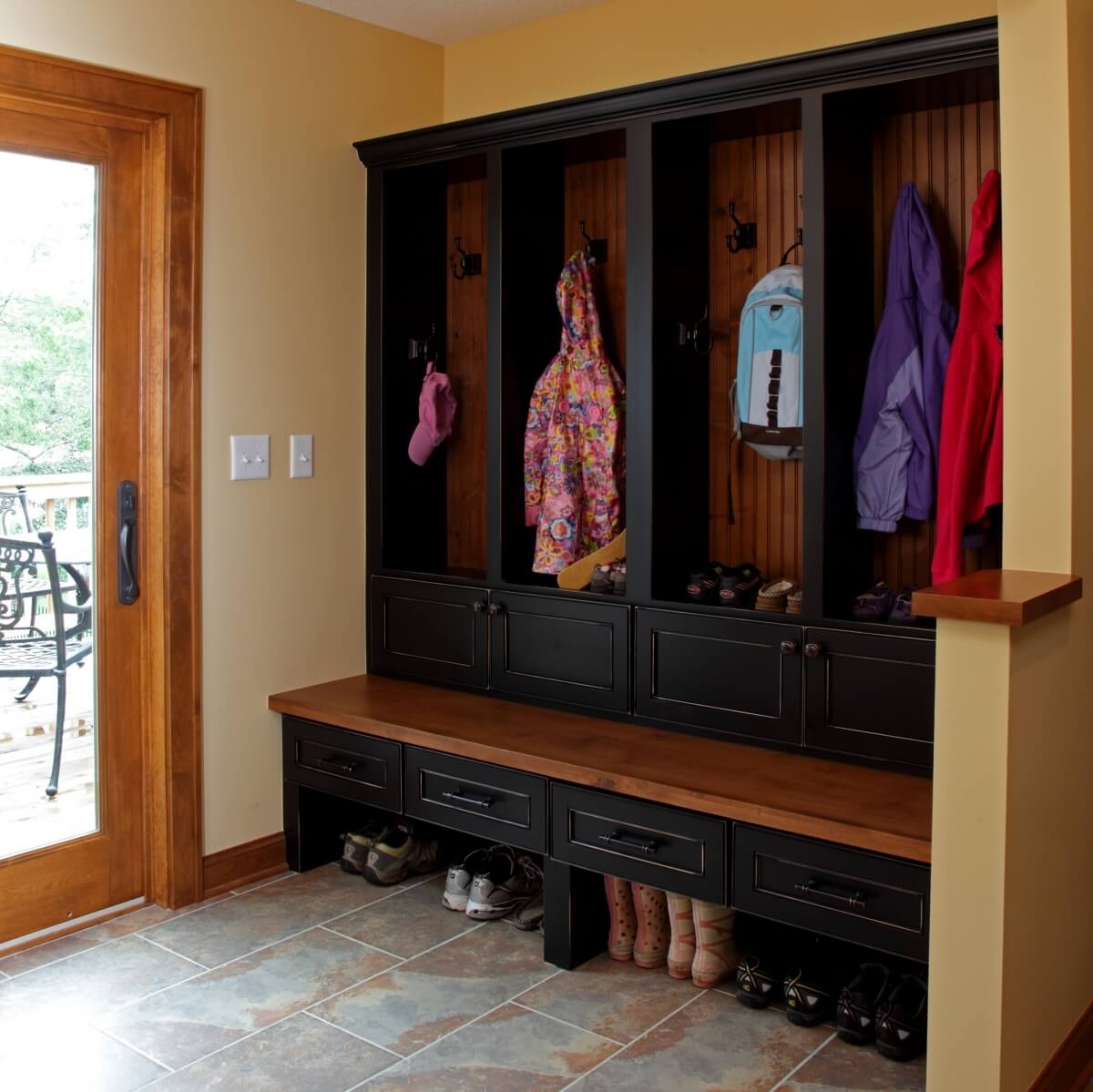 Mudroom Cabinetry with Matte Black Finish and Wood Seating