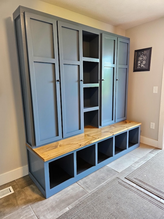 Mudroom Hall Tree in Slate Blue with Wood Bench Top