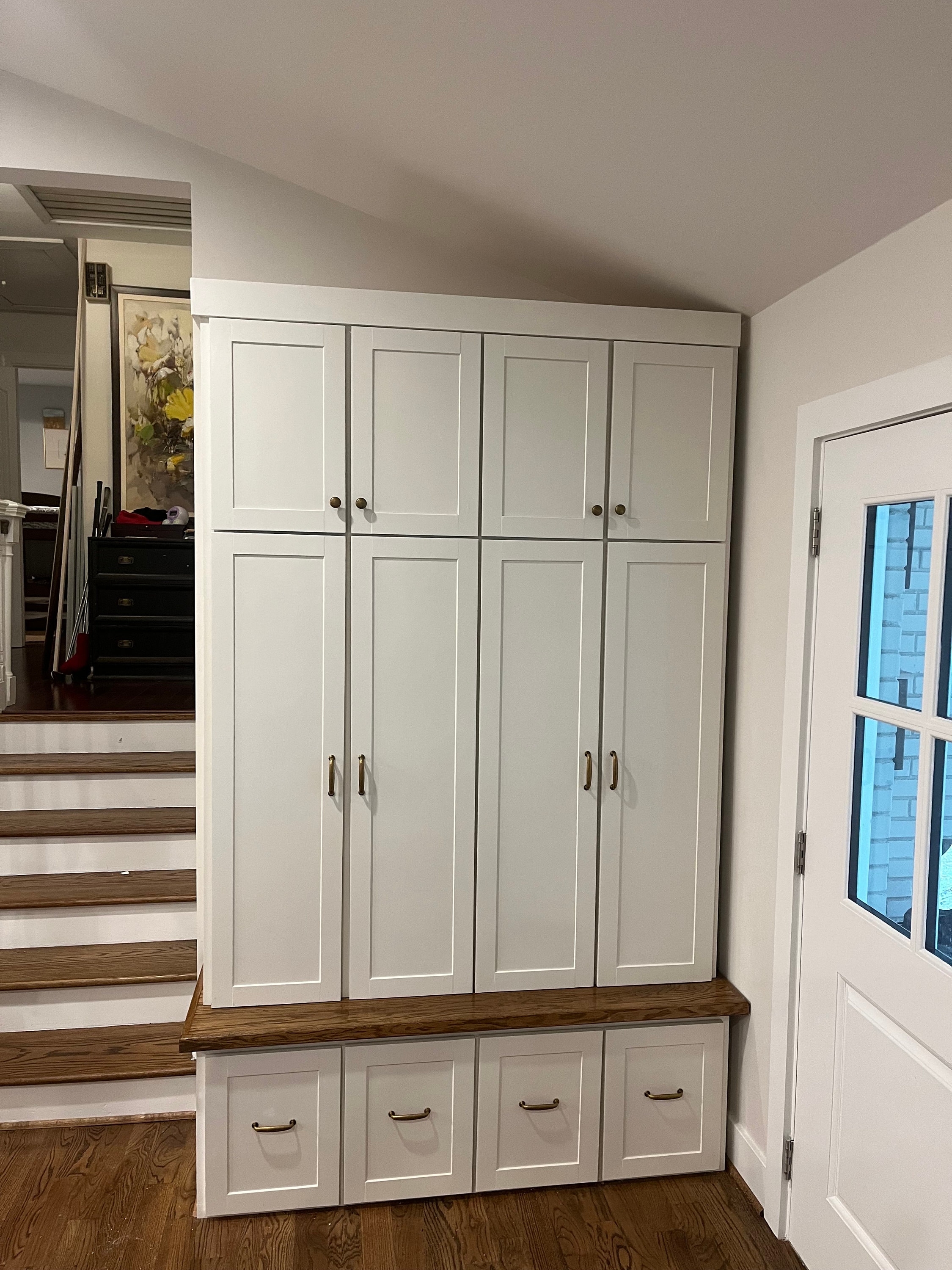 Mudroom Hall Tree with White Shaker Doors and Lower Drawers