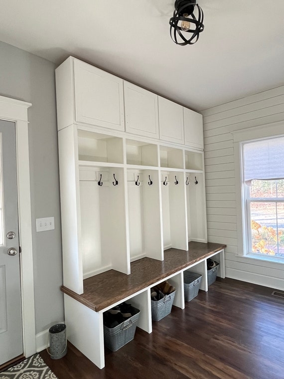 Mudroom Locker: Locker Unit with Galvanized Bins and Built-in Bench