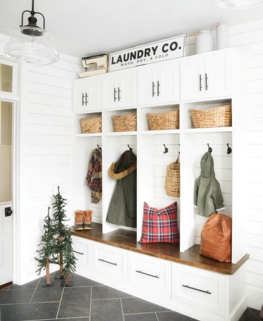 Mudroom Locker Unit: Shiplap Mudroom Bench with White Lockers