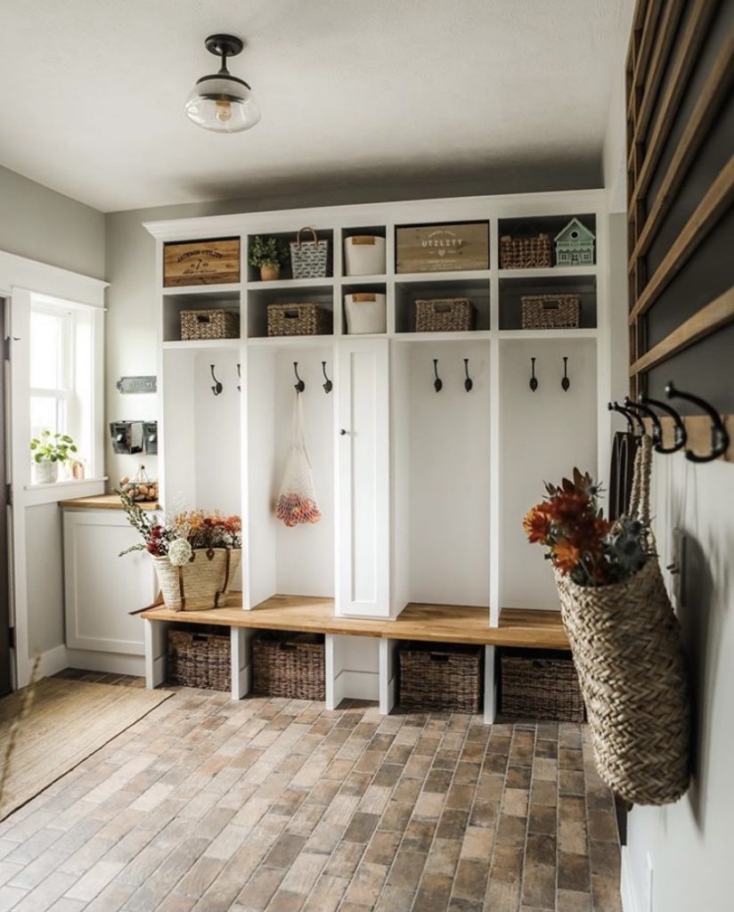 Mudroom Locker Unit: White Mudroom Locker Ideas with Woven Storage