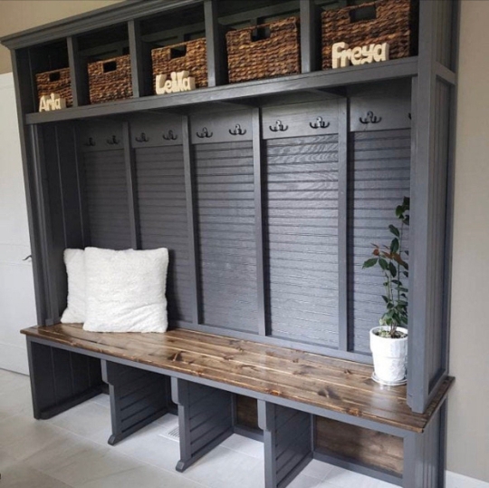Mudroom Locker with Charcoal Grey Finish and Custom Plaques