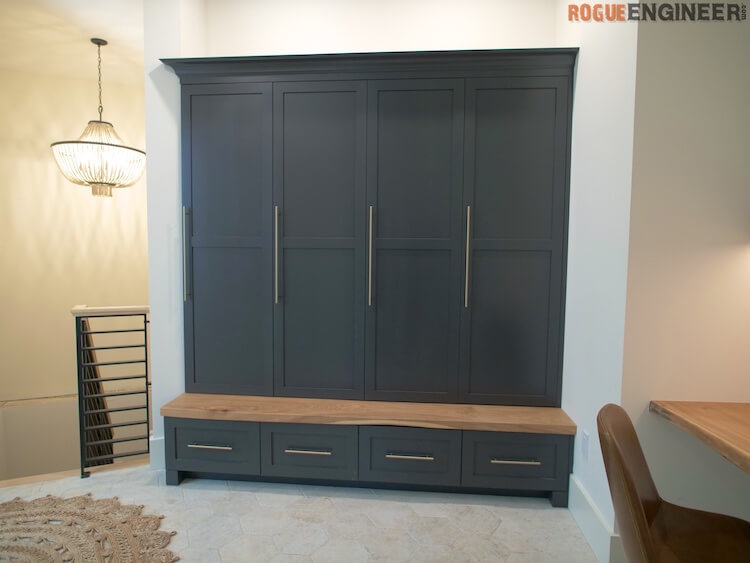 Mudroom Lockers: Charcoal Mudroom Lockers with Wood Slab Bench Seat
