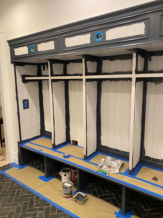 Mudroom Lockers: Custom Built-in Mudroom with Beadboard Backing
