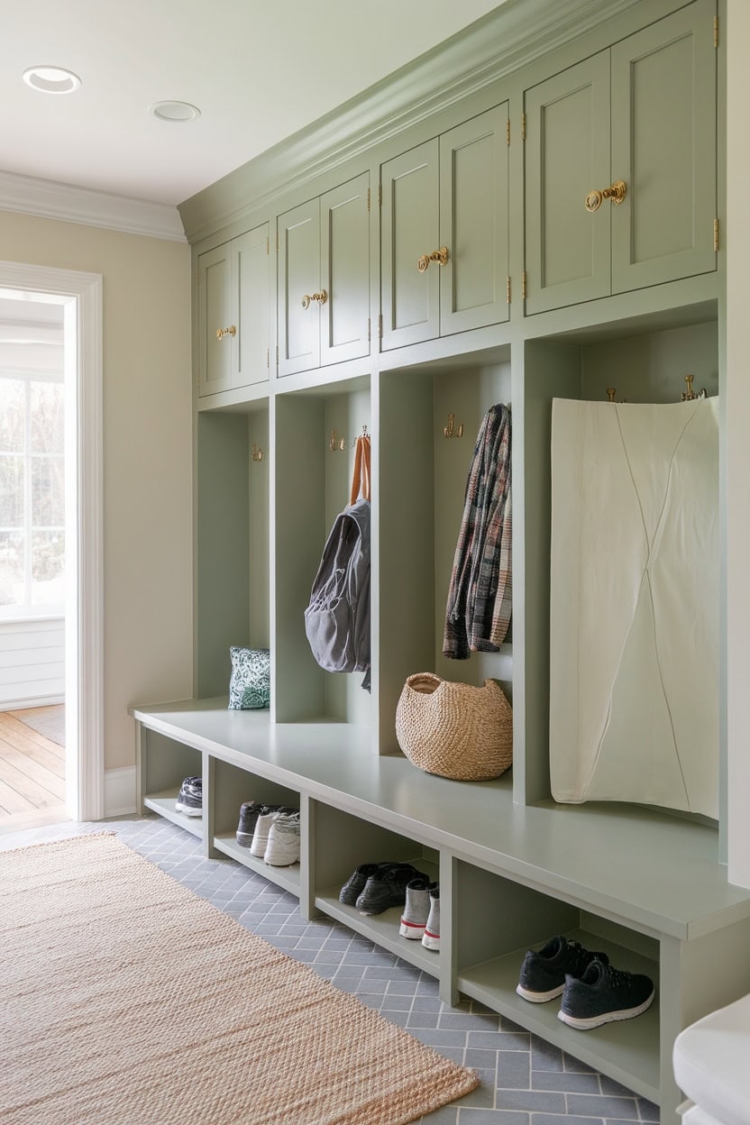 Mudroom Lockers in Sage Green with Brass Knobs and Drawers