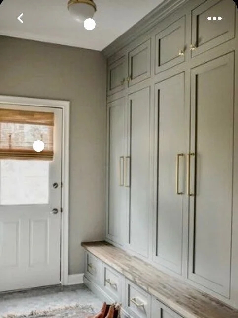 Mudroom Lockers: Sage Green Locker Storage with Slim Brass Hardware