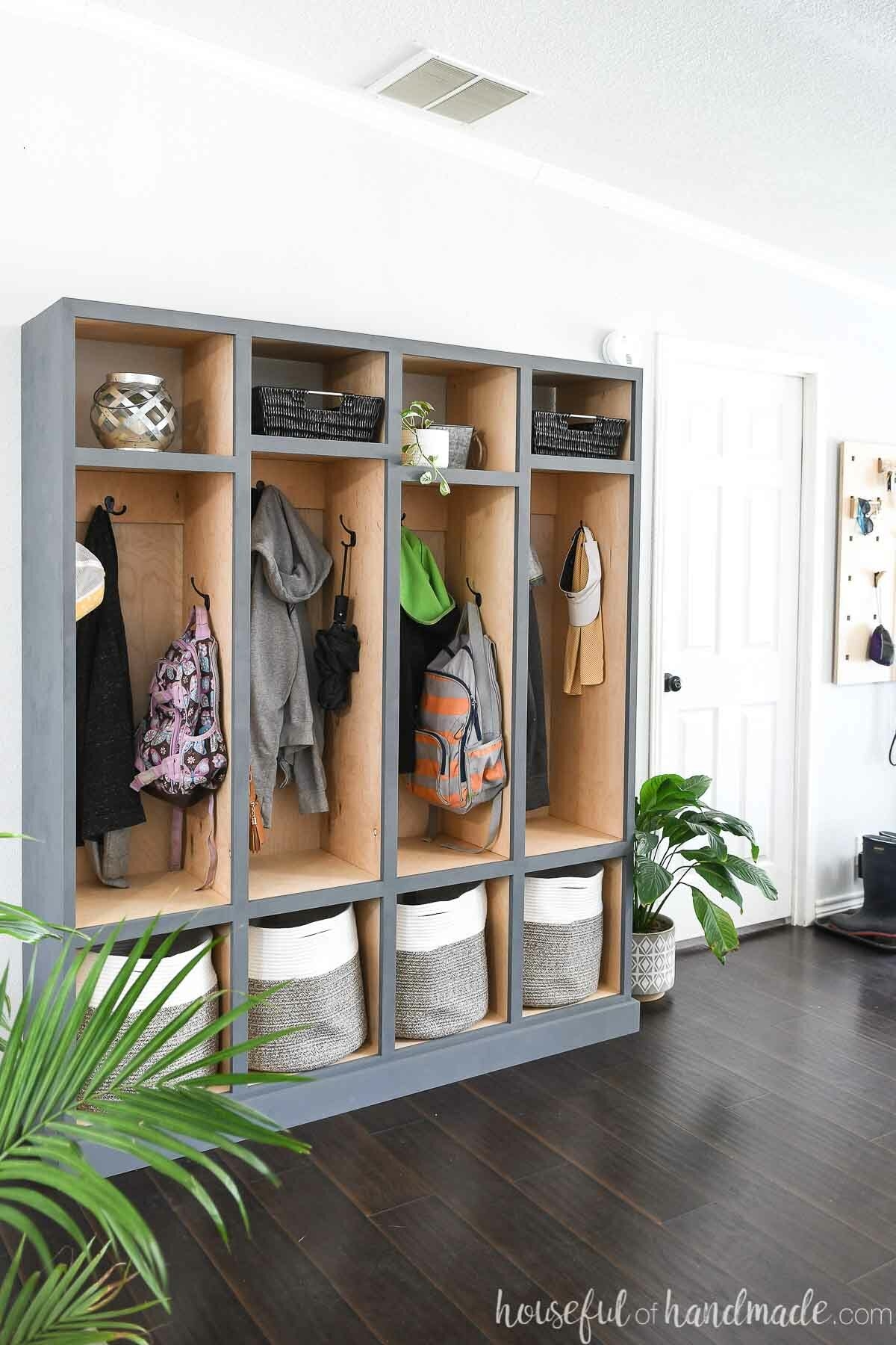Mudroom Lockers with Charcoal Grey Frame and Wood Interior