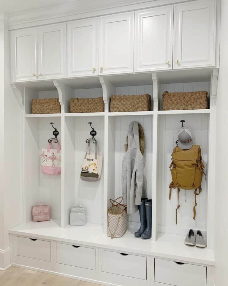 Mudroom Lockers with Shiplap Backing and Scoop Drawer Pulls