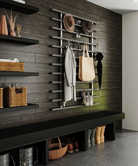 Mudroom Storage: Modern Mudroom Storage with Slat Wall System