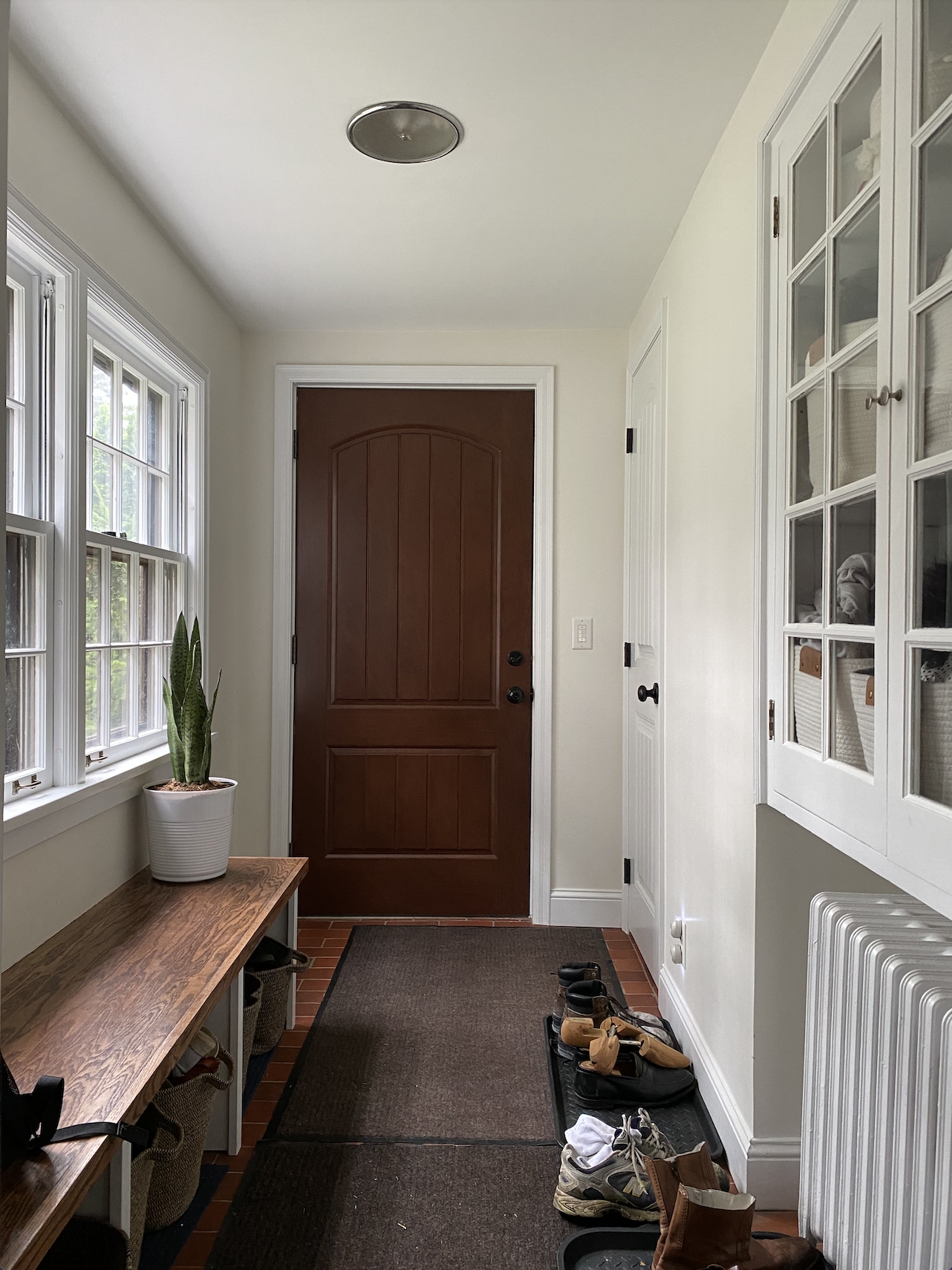 Mudroom: Walnut Wood Stain, Glass Front Mudroom Cabinets