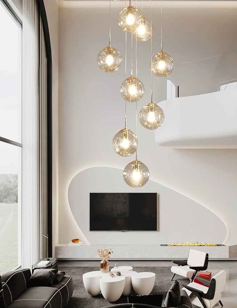 Multi Pendant Chandelier: Cascading Spheres Amber Glow Glass Orbs