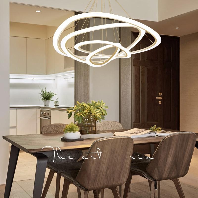 Multi Ring Chandelier: Walnut Nested Circles Contemporary LED Pendant