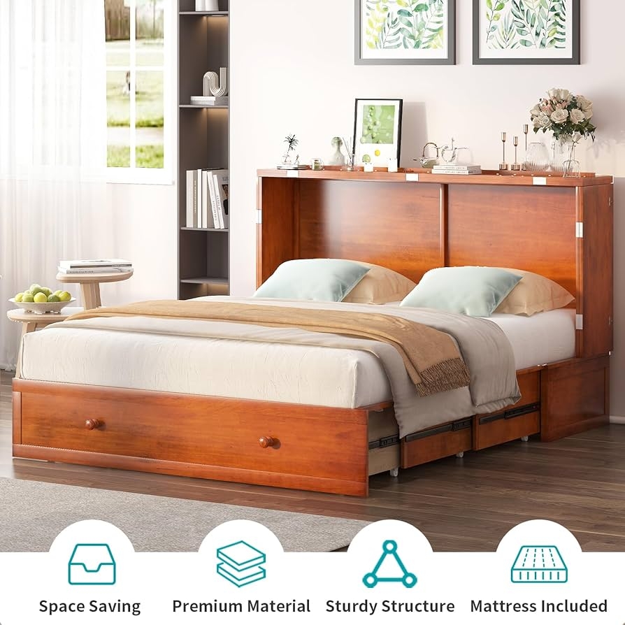 Murphy Bed Cabinet: Cherry Finish with Pull Out Base Drawers