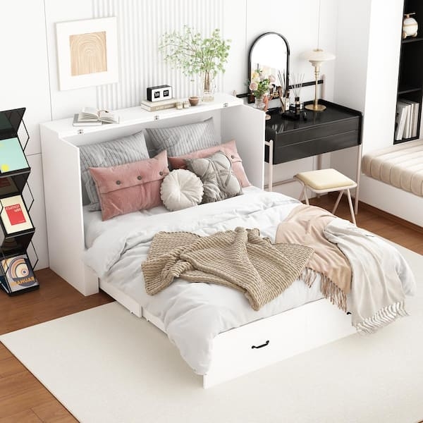 Murphy Bed Cabinet: Matte White Fold Down Shelf and Base Drawer