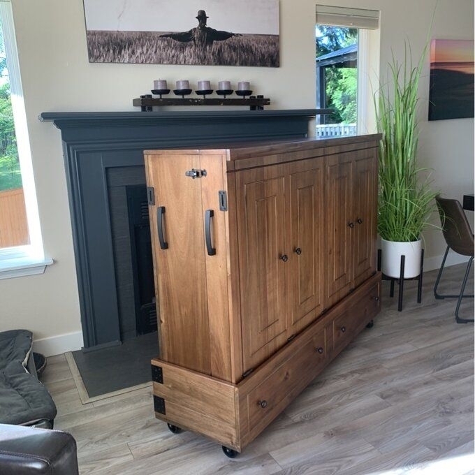 Murphy Bed: Honey Brown Mobile Base with Black Side Pull Handles