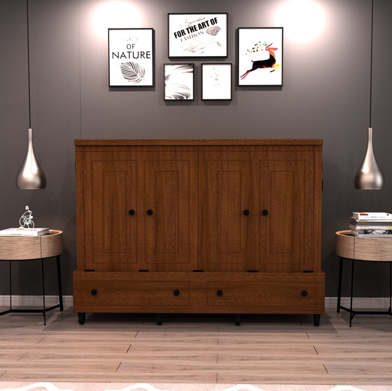 Murphy Bed: Walnut Brown Cabinet with Mobile Casters and Drawers