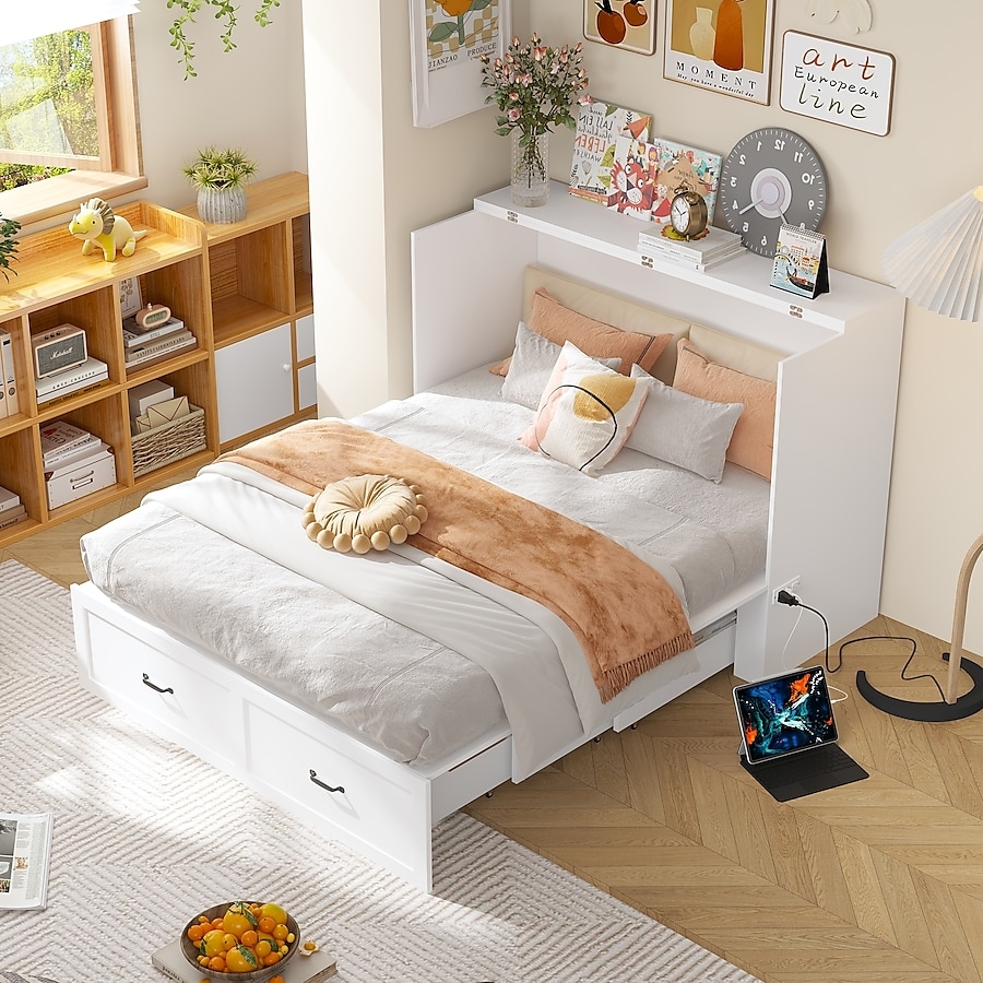 Murphy Bed: White Integrated Charging Station and Base Drawer
