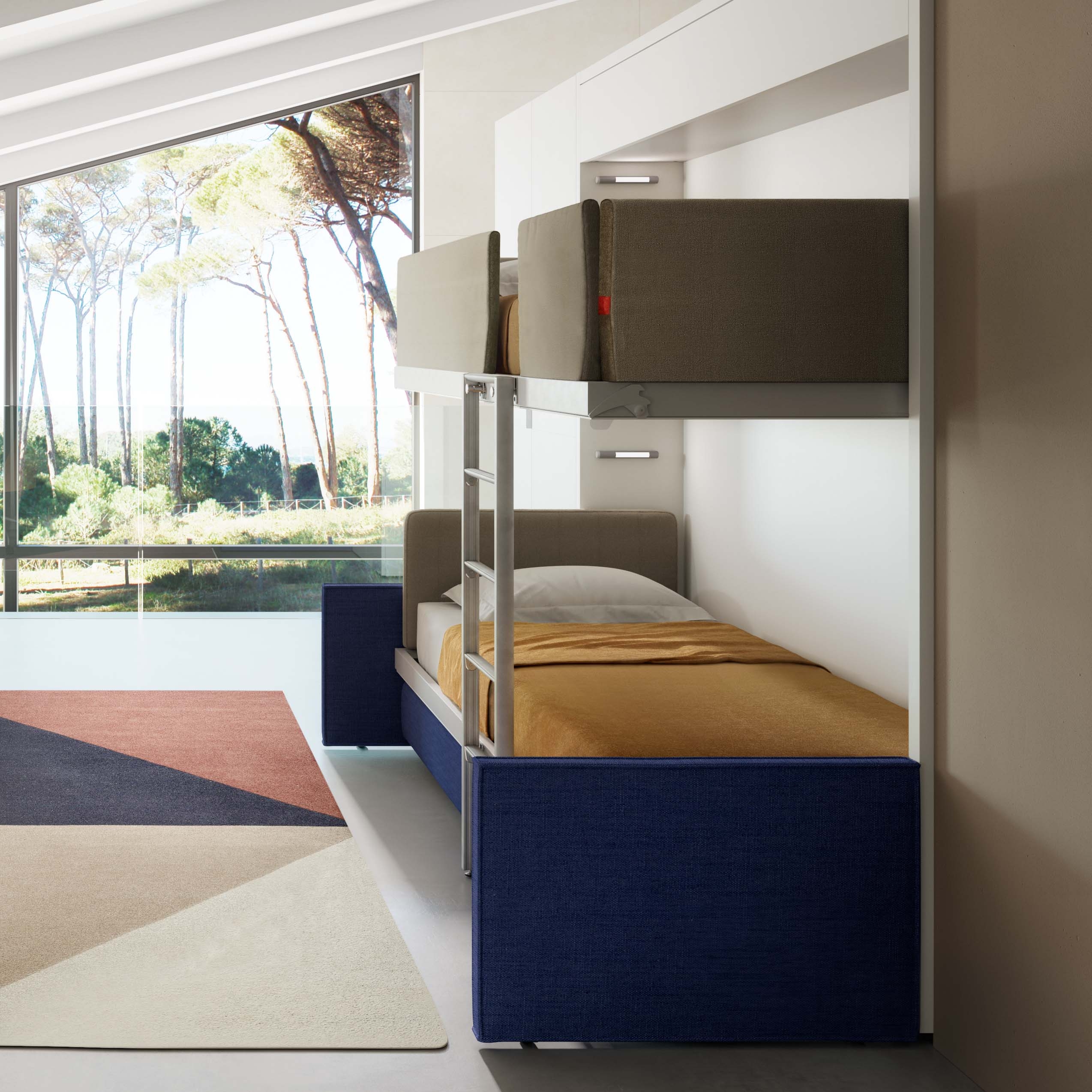 Murphy Bunk Bed Fold Down Bunk Navy Blue Fabric.