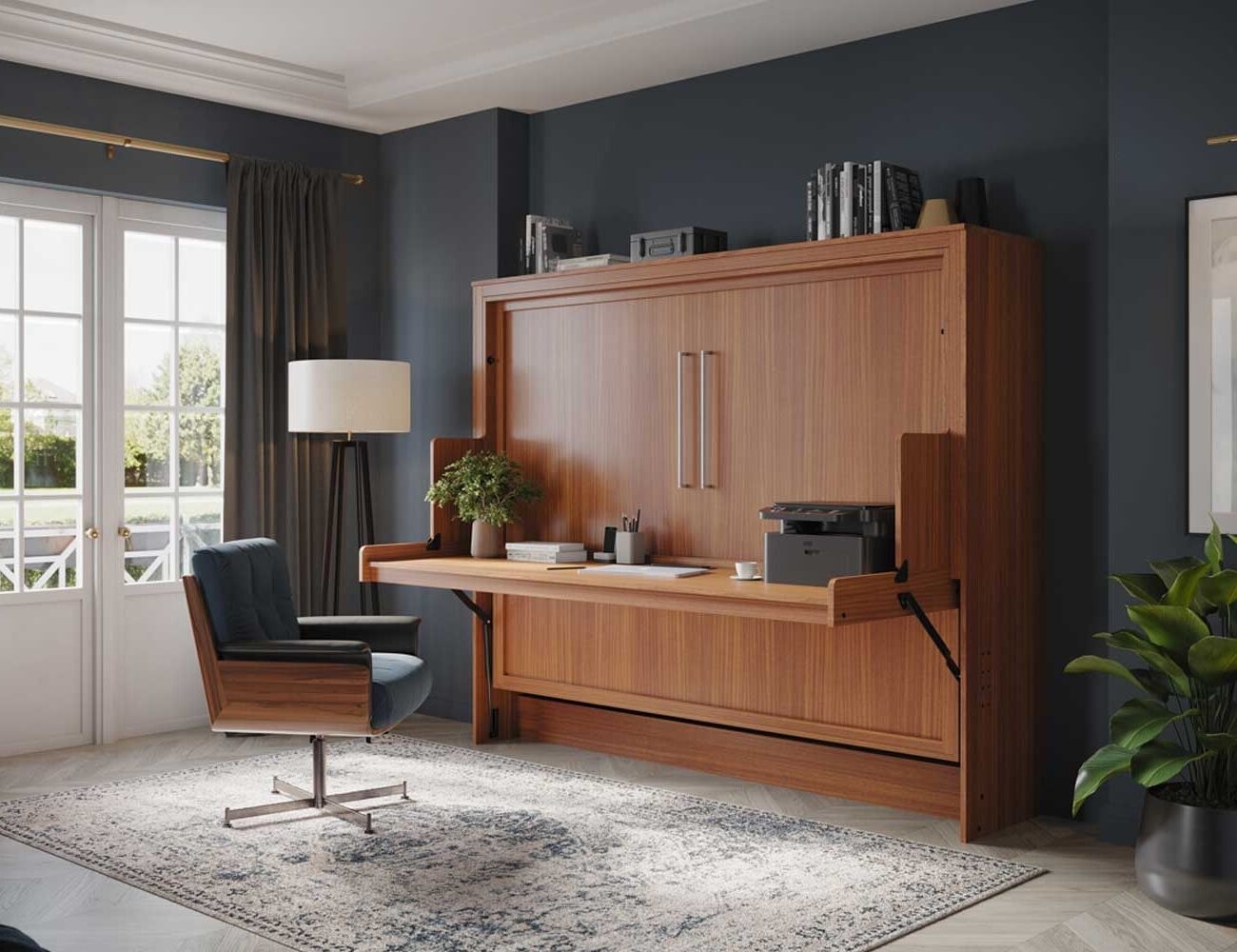 Murphy Desk Bed with Vertical Pulls and Multifunctional Walnut