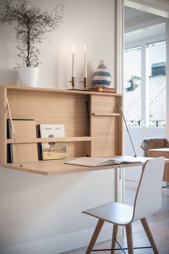 Murphy Desk featuring Wire Stays and Light Wood Minimalist Nook