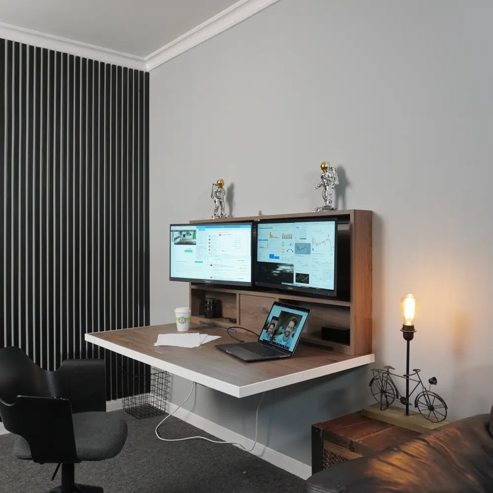 Murphy Desk with Dual Monitor Shelf and Floating Desktop Setup