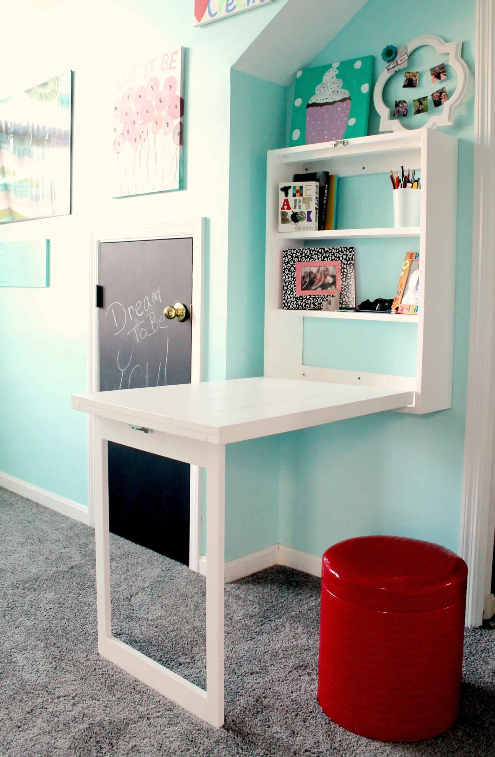 Murphy Desk with Poppy Red Accent and Integrated Shelving Unit