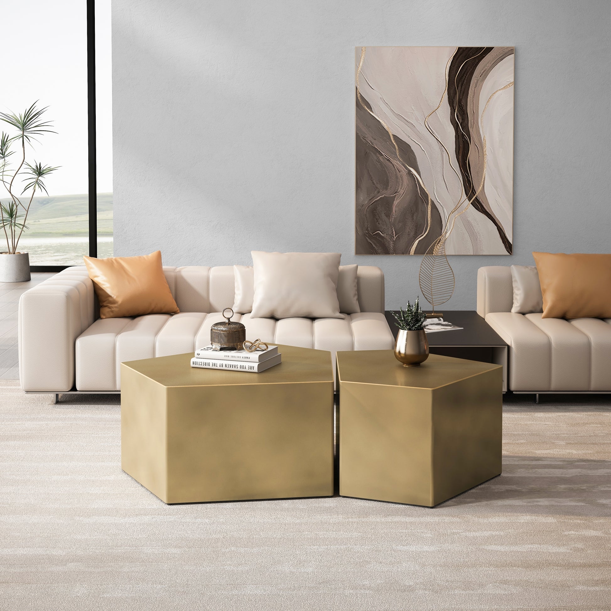 Nesting Coffee Table Antique Gold Pentagon Shape Set