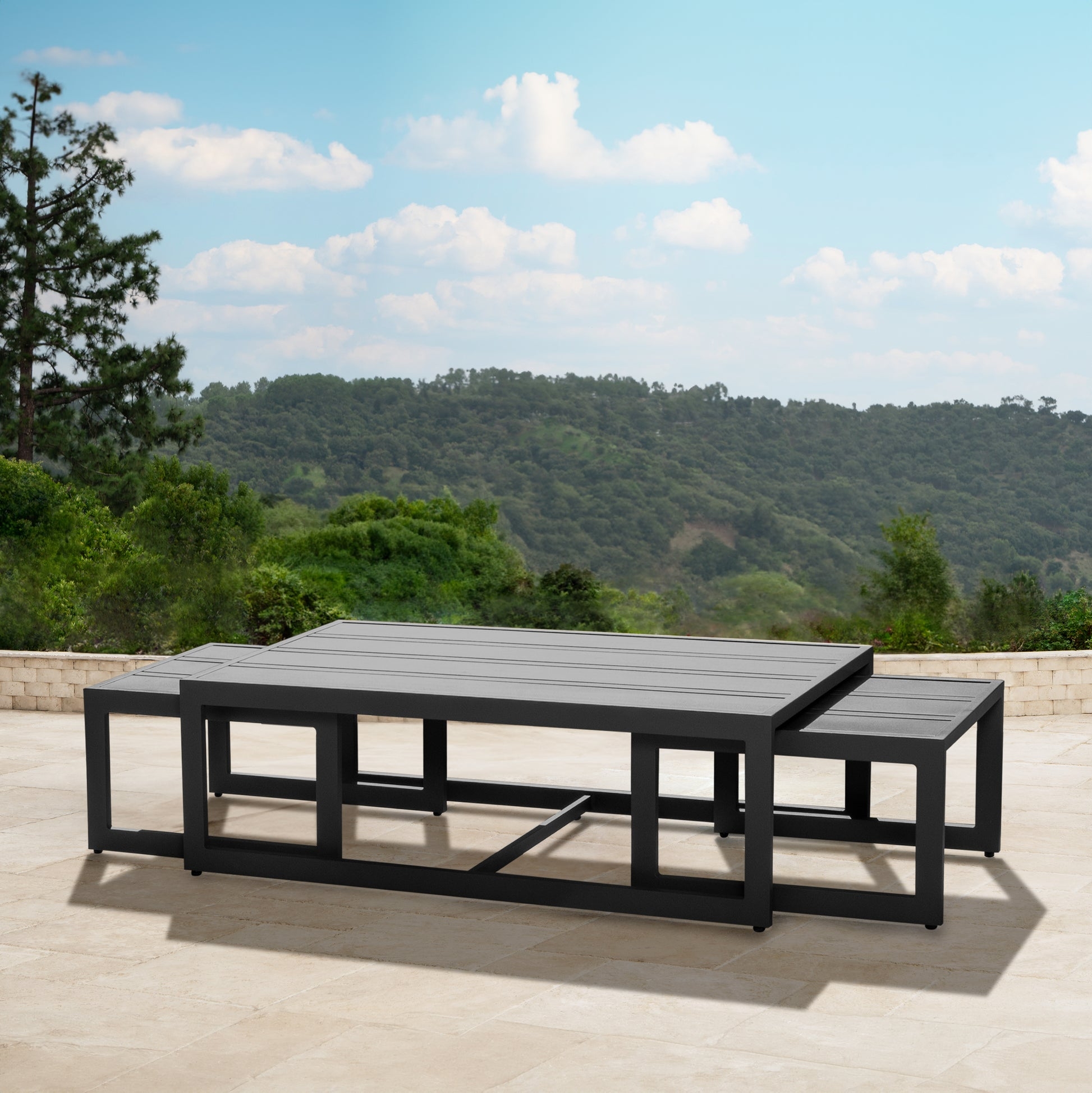Nesting Coffee Table: Matte Black Slat Top Metal Set