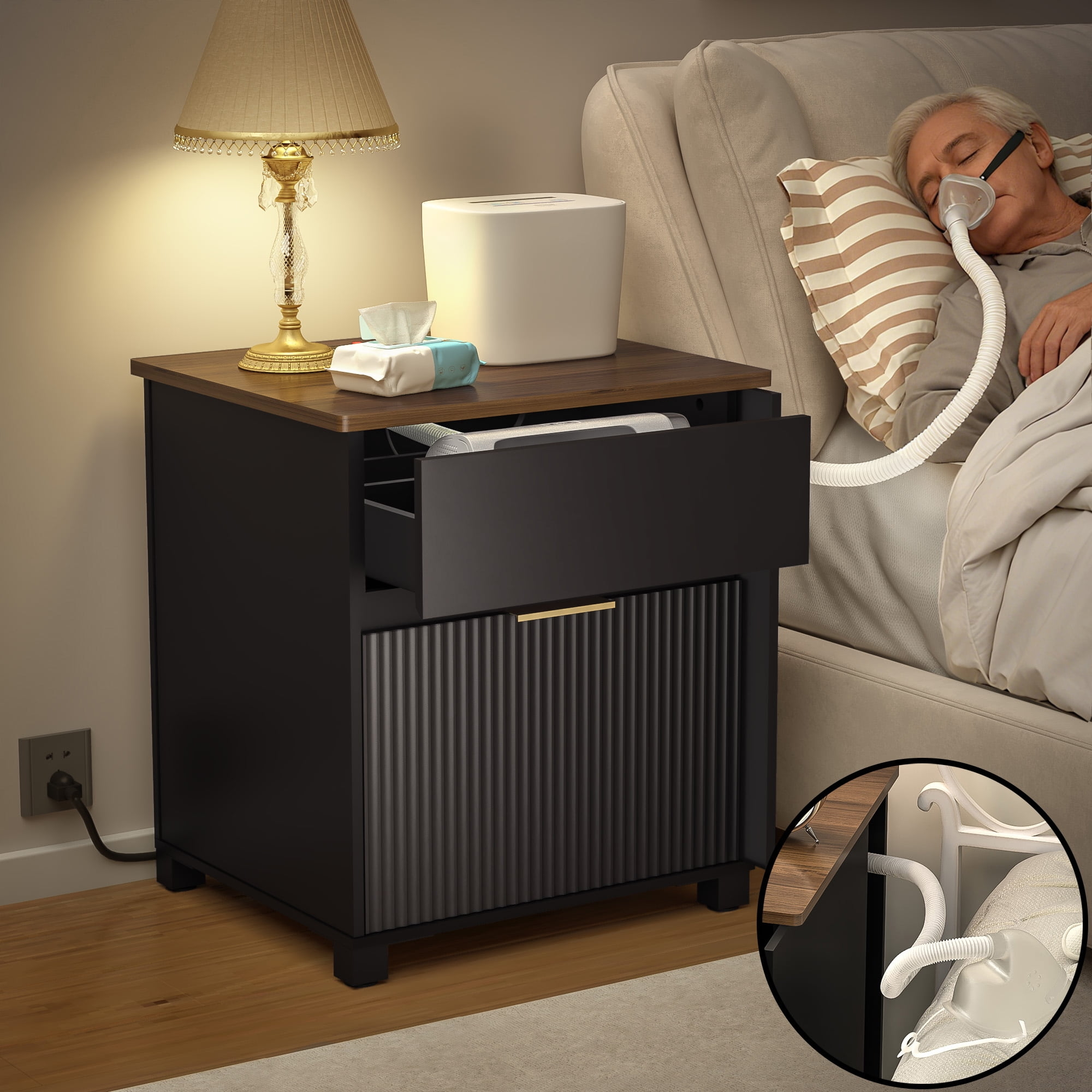 Nightstand with Fluted Front Matte Black Bedside Table