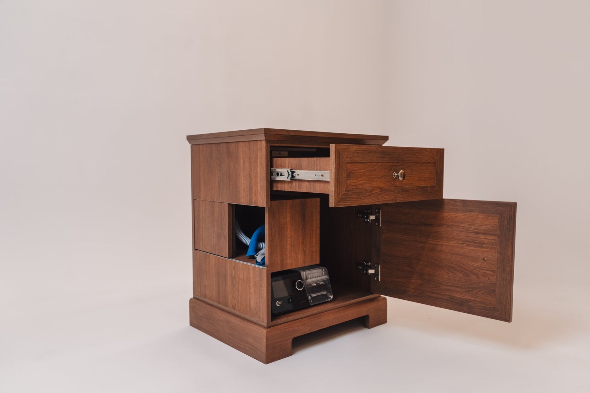 Nightstand with Side Hose Cutout Walnut CPAP Bedside Table