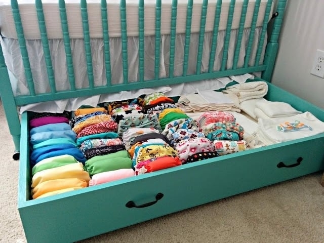 Nursery Under Crib Storage Teal Bin with Black Pull Handles
