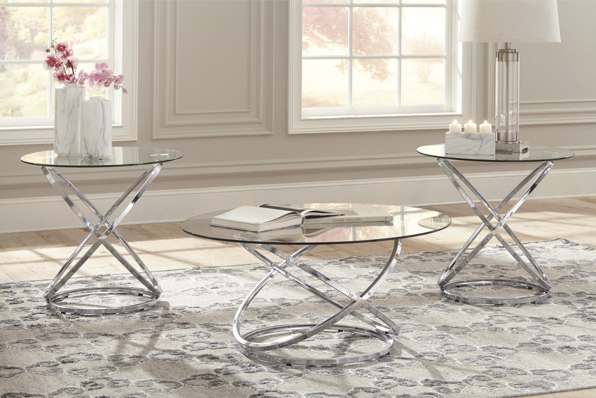 Occasional Table Set Interlocking Base Chrome Glass Top