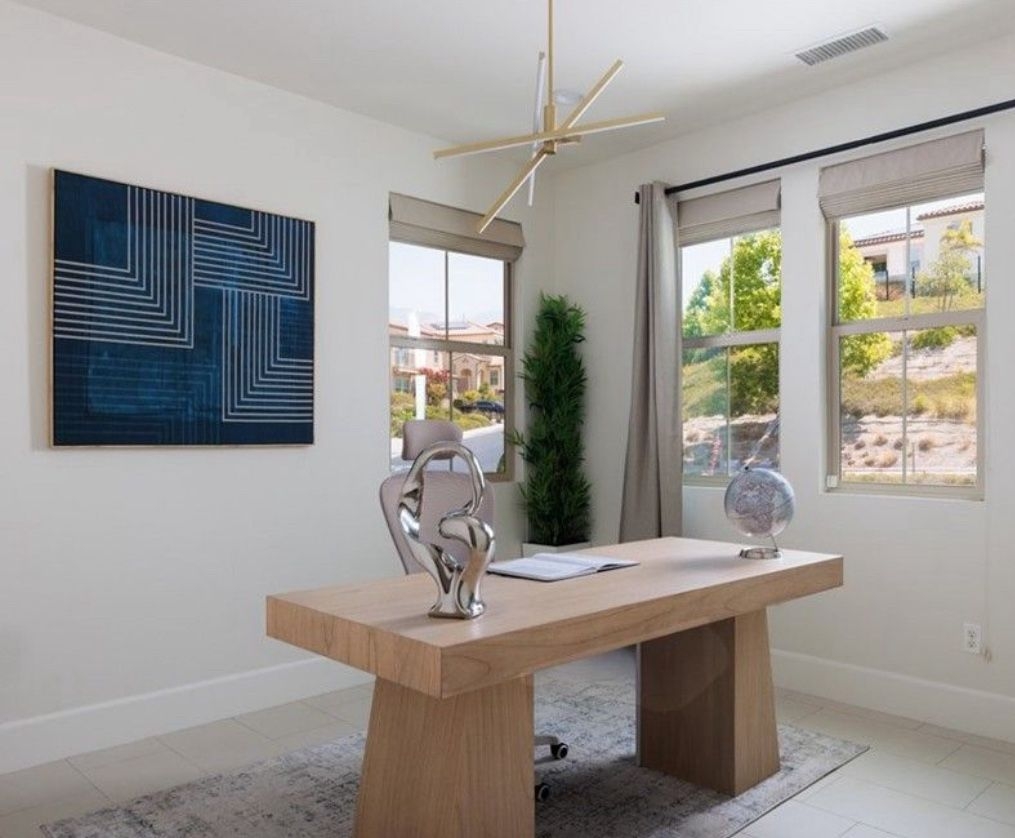 Office Desk with Navy Geometric Art and CB2 Ridge Inspiration