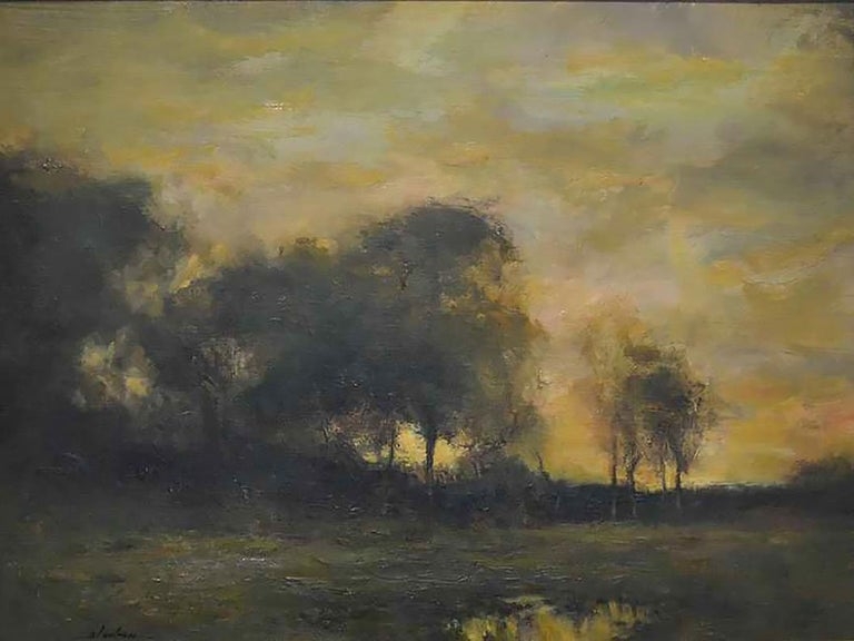Oil Painting: Silhouetted Hedgerow Atmospheric Haze Decor