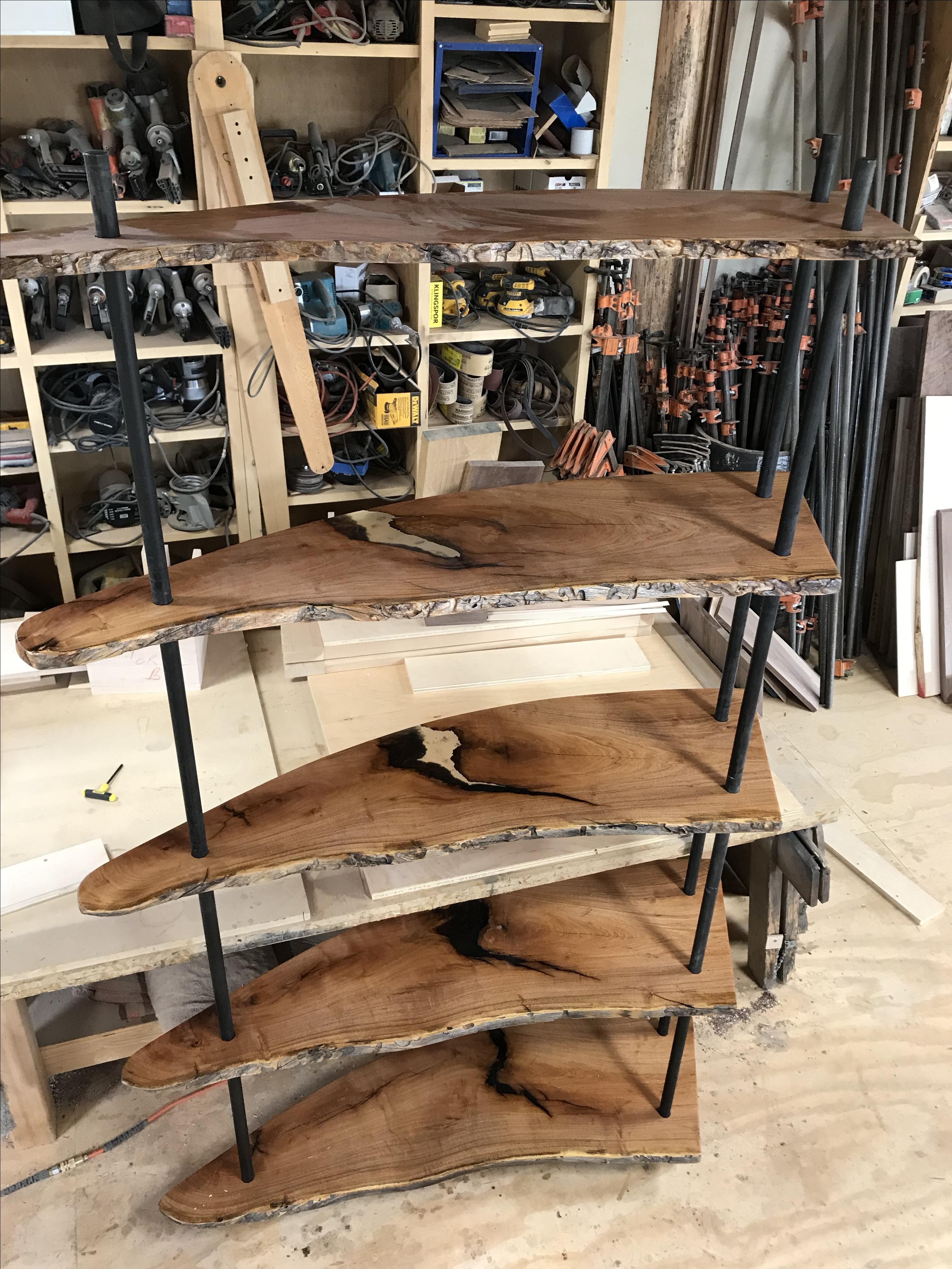 Open Bookcase Through Pole Support Mesquite Wood Slabs