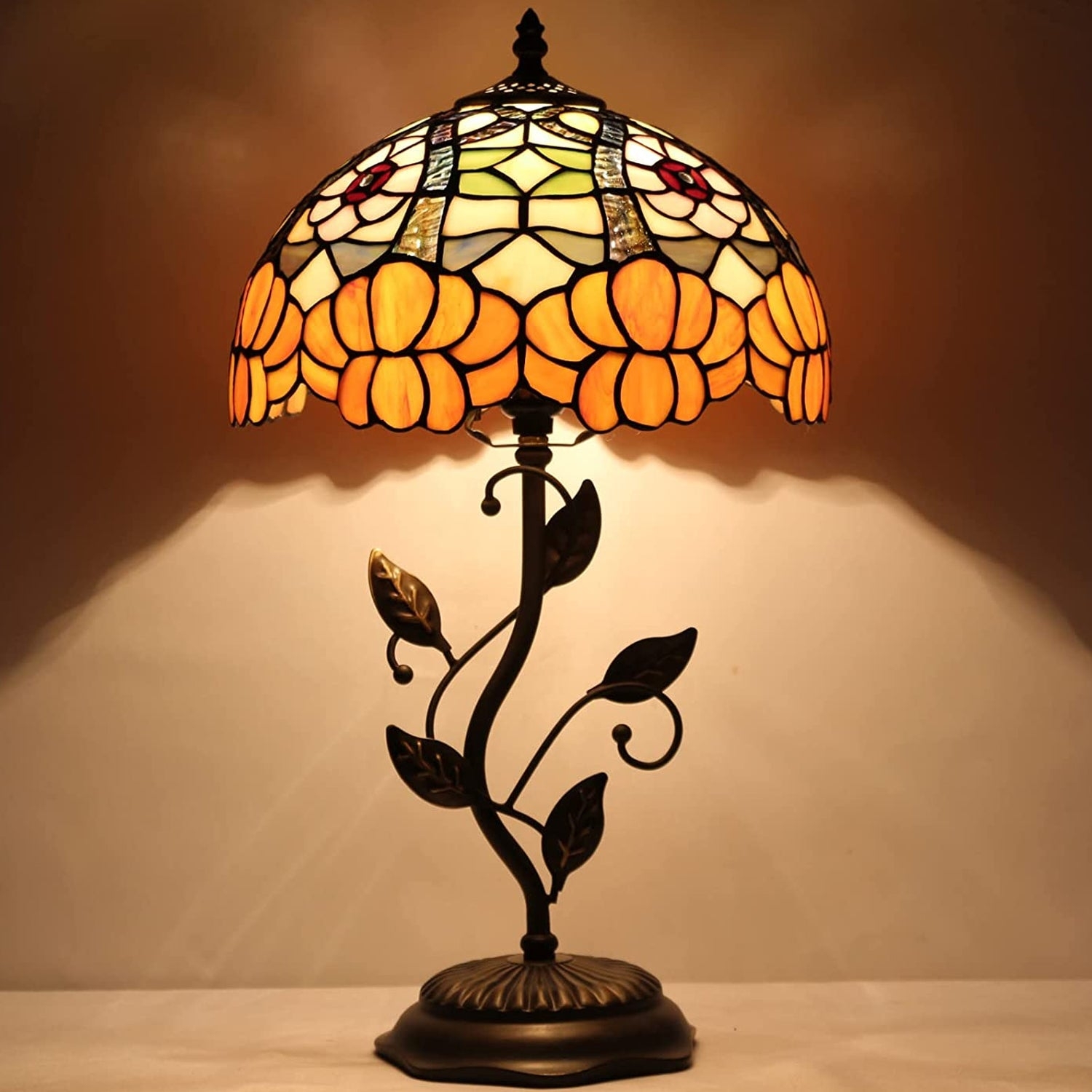 Orange Flower Table Lamp with Vine Inspired Metal Stem